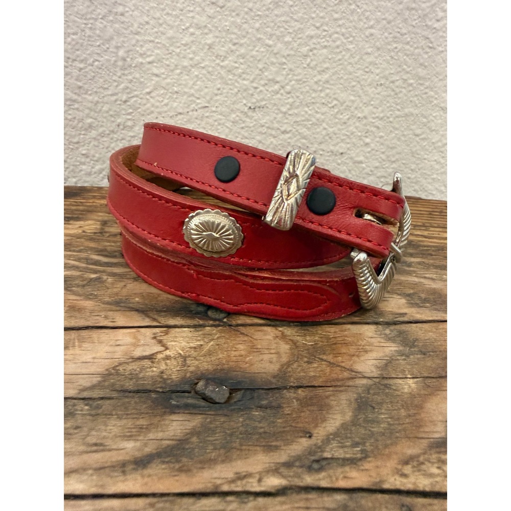 Nocona Red Leather Western Concho Belt Silver Engraved Buckle Made in USA 34
